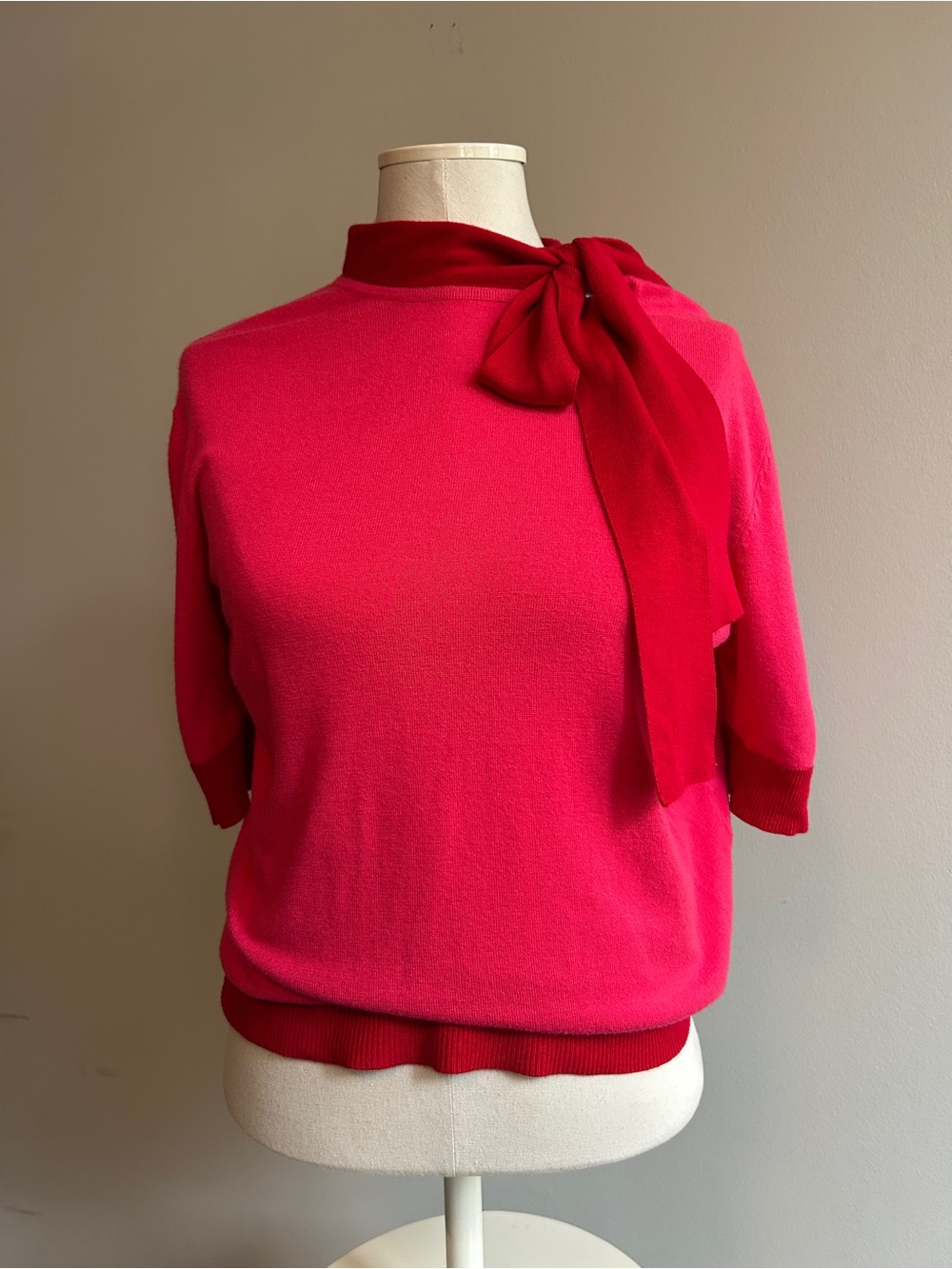 Women’s Pink Tie-Neck Short Sleeve Sweater